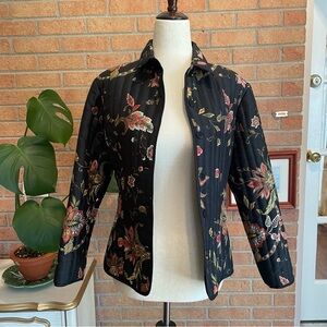 Vintage Silkland 100% Silk Black Floral Ribbed Jacket Size Petite Small